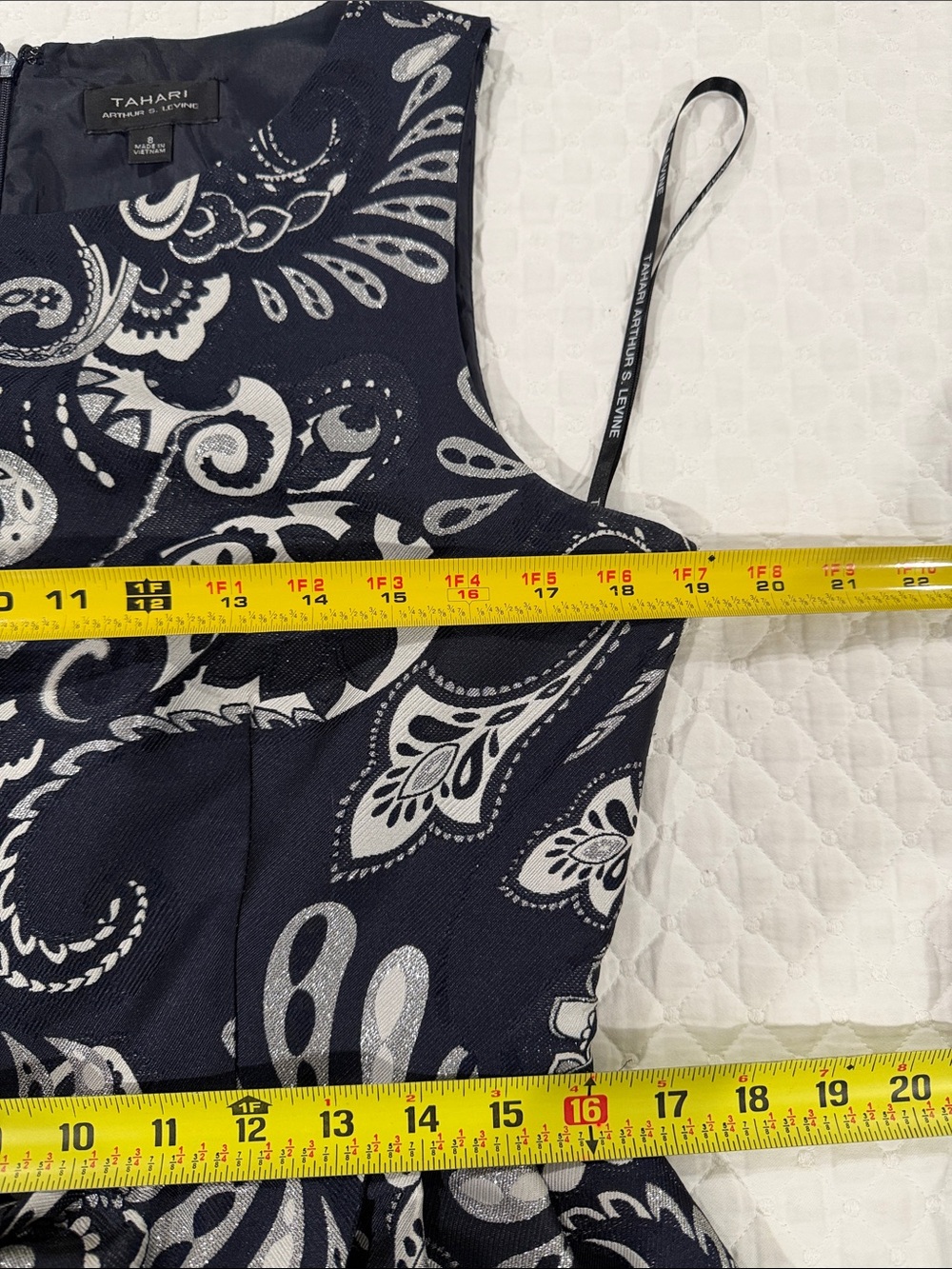 Tahari ASL Navy White Brocade Paisley Fit & Flare Wedding Guest Dress Size 8 - Picture 13 of 14